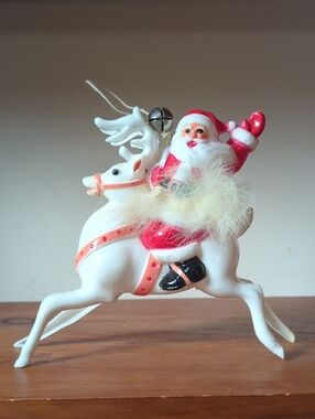 Vintage Rosbro Ornament Santa Riding White Reindeer Hard Plastic Fur Belt